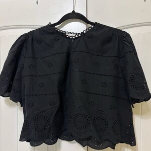 NWT Caroline Constas black cotton eyelet scalloped hem cropped blouse top, sz S